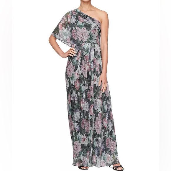 SLNY One-Shoulder Floral Metallic Dress - Black, Pink, & Green Hues - Picture 1 of 10